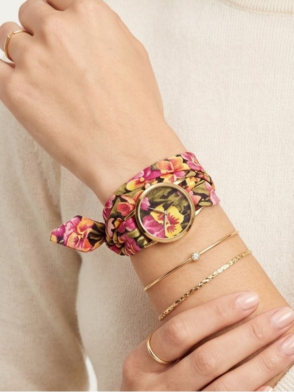 Floral Print Women's Watch with Gold Accents